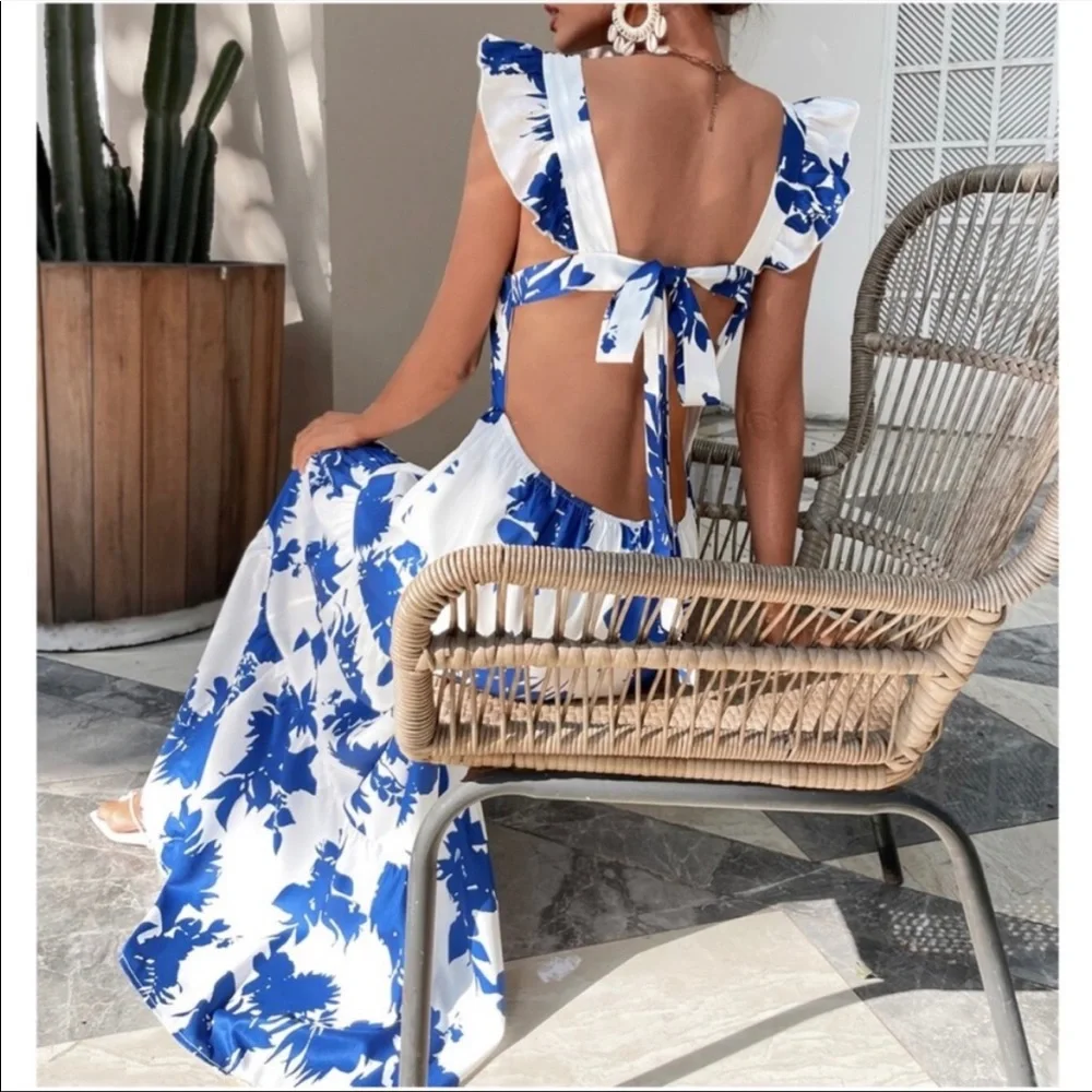 Boho Blue Floral Open Back Butterfly Sleeve Maxi Dress XS S M L 1X 2X 3X 4X - Picture 2 of 3